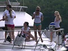 Uninhibited gathering of mature women on a lake houseboat in the Ozarks