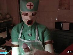 Jururawat Jade Green memakai sarung tangan topeng memberi penumbuk dubur dan blowjob kepada pesakit dalam pakaian getah