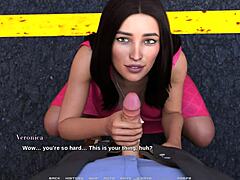 虚拟现实游戏:观看一个胸的黑发女郎在公共场合进行口交
